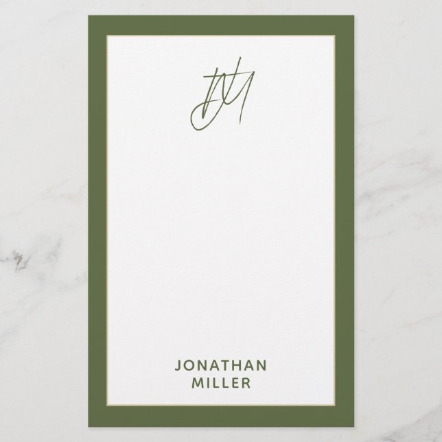 Modern Olive Green Monogram Stationery (Front)