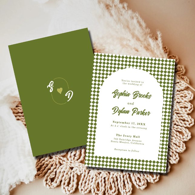 Modern Olive Green Old Money Checkered Wedding Invitation (Creator Uploaded)