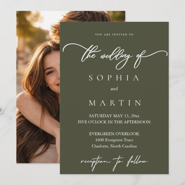 Modern Olive Green Photo Wedding Invitation (Front/Back)