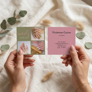 Modern Olive Green Pink Script 3 Photo Nail Salon Square Business Card