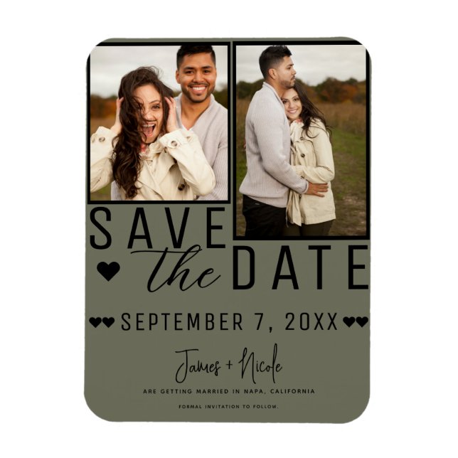 Modern Olive Green Save the Date 2 Photo Wedding Magnet (Vertical)