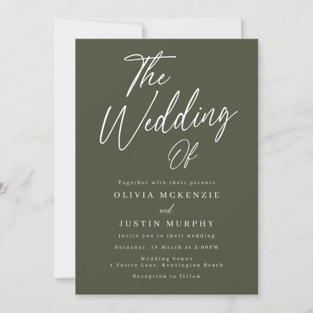 Modern Olive Green Script Wedding Invitation (Front)