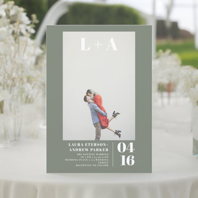 Modern olive green simple initials photo wedding invitation (Modern olive green simple initials photo wedding invitation)