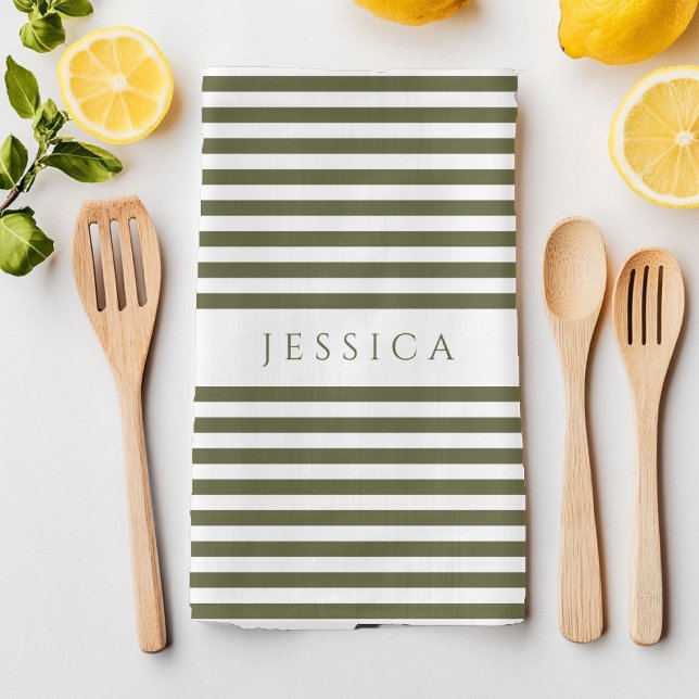 Modern Olive Green Striped Pattern Tea Towel (Olive Green & White Farmhouse Striped Pattern Kitchen Towel)