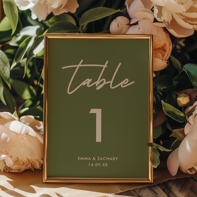 Modern Olive Green Wedding Table Number (Creator Uploaded)