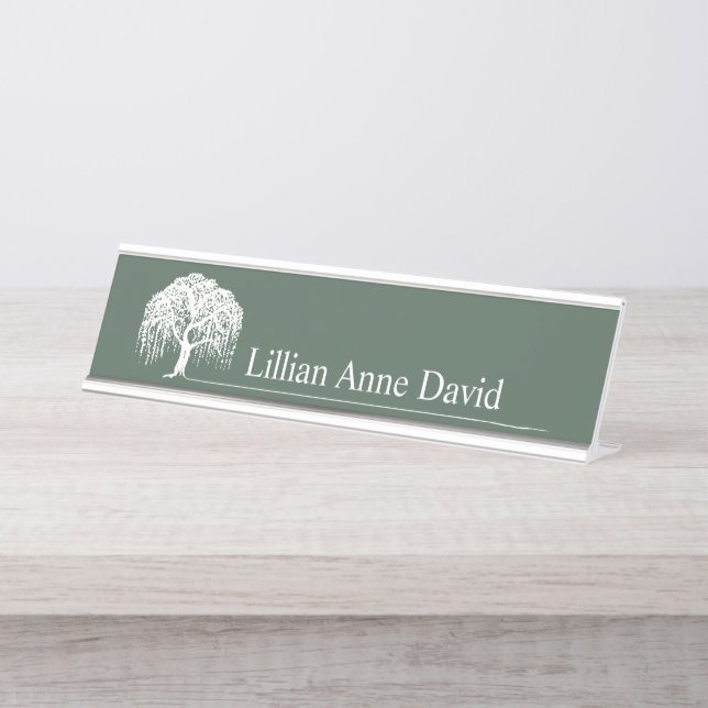Modern Olive Green Willow Tree Logo Personalised Desk Name Plate (Front)
