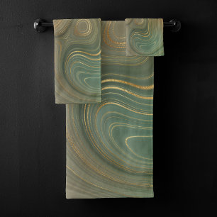 Modern Olive Strata Earthy Green and Gold Agate Bath Towel Set