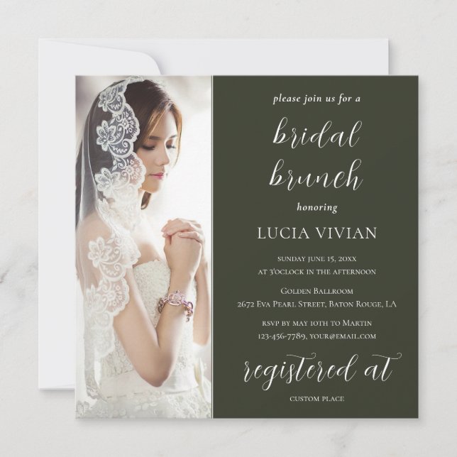 Modern Olive Wood Green Photo Bridal Shower Brunch Invitation (Front)