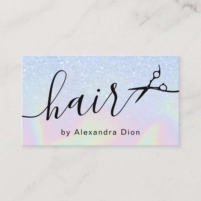 Modern ombre blue holographic hairstylist business card (Front)