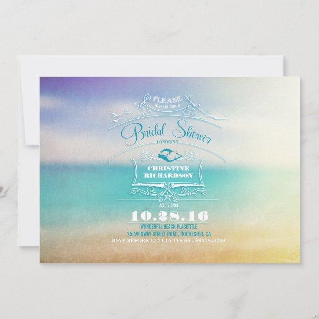 Modern ombre blue vanilla beach bridal shower invitation (Front)