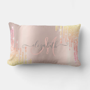 Modern Ombre Glitter Drips Rose Gold Monogram   Lumbar Cushion