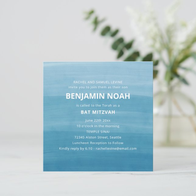Modern Ombre Gradient Ocean Teal Blue Bar Mitzvah Invitation (Standing Front)