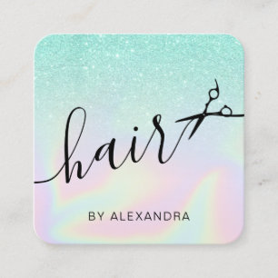 Modern ombre mint holographic hairstylist square business card