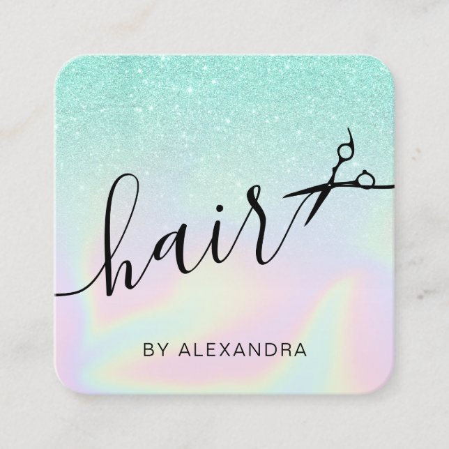 Modern ombre mint holographic hairstylist square business card (Front)
