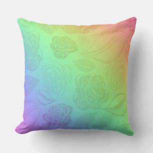 Modern Ombre Rainbow Rose and Leaves Cushion