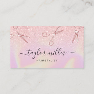 Modern ombre rose gold holographic hairstylist business card