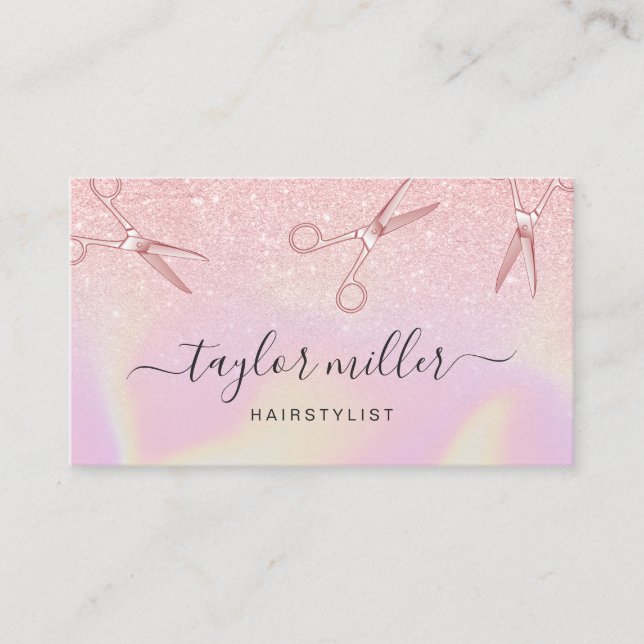 Modern ombre rose gold holographic hairstylist business card (Front)
