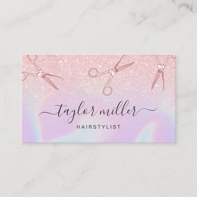 Modern ombre rose gold holographic hairstylist business card (Front)