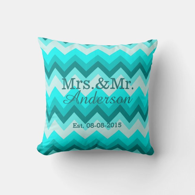modern ombre turquoise chevron mr and mrs cushion (Front)