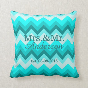 modern ombre turquoise chevron mr and mrs cushion