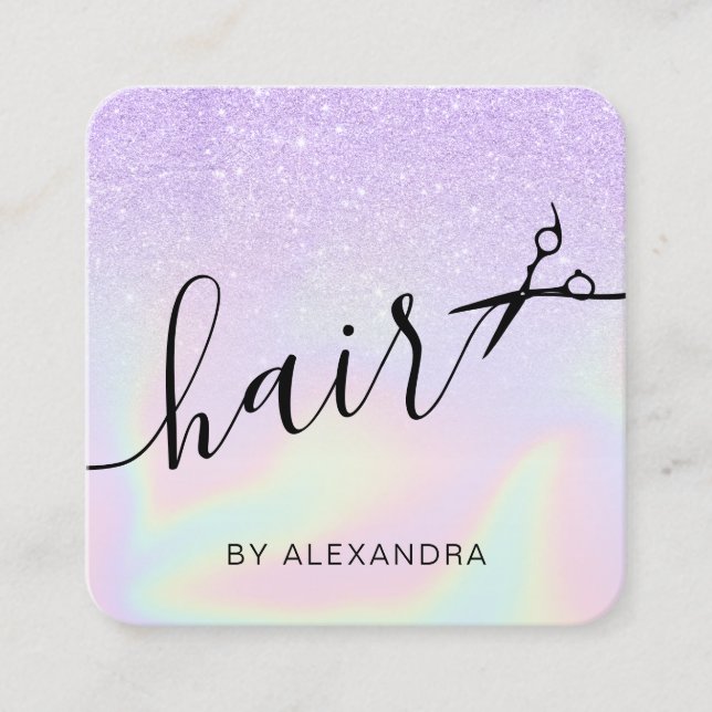Modern ombre violet holographic hairstylist square business card (Front)