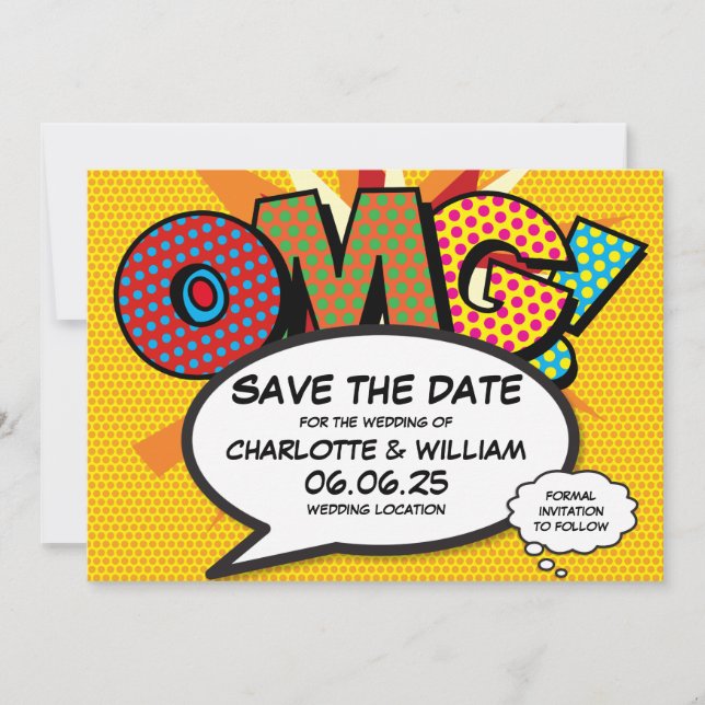 Modern OMG Fun Comic Book Wedding Save The Date (Front)