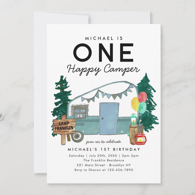 Modern One Happy Camper Trees Camping 1st Birthday Invitation (Front)