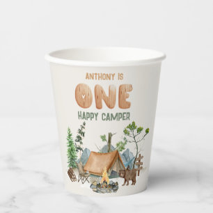 Modern One Happy Camper Watercolor 1st Birthday Paper Cups