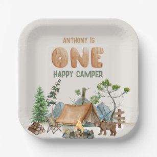 Modern One Happy Camper Watercolor 1st Birthday Paper Plate