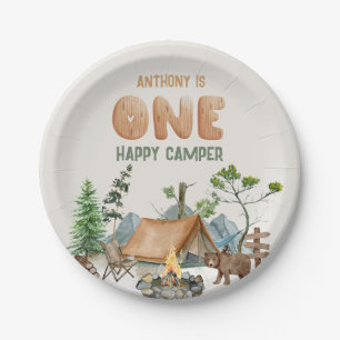 Modern One Happy Camper Watercolor 1st Birthday Paper Plate