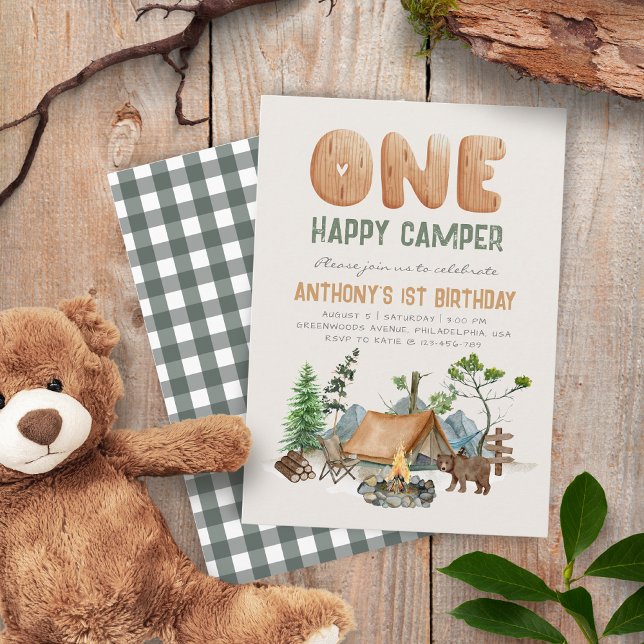 Modern One Happy Camper Woodland 1st Invitation (Creator Uploaded)