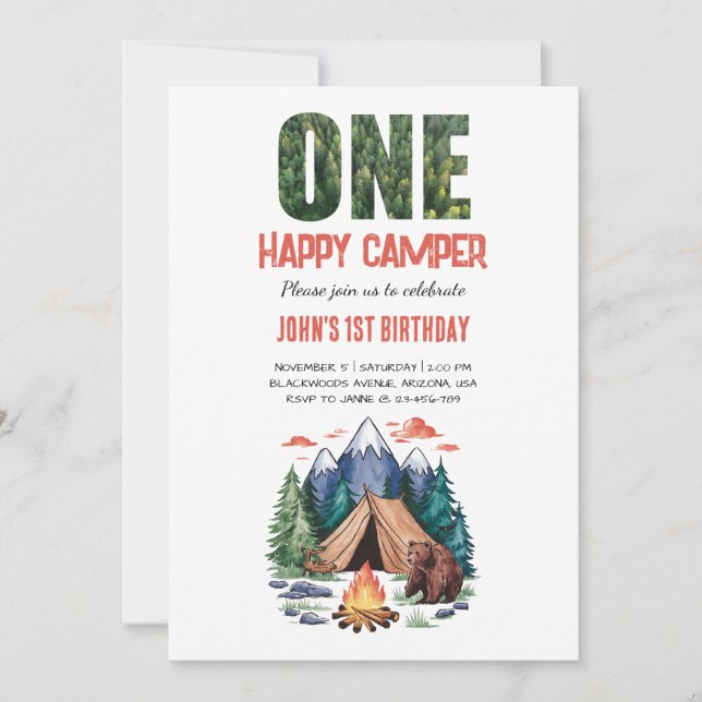 Modern One Happy Camper Woodland 1st Invitation (Front)