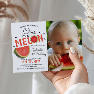 Modern One in a Melon Photo Summer Kids Birthday Invitation