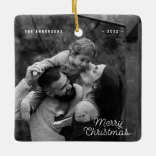 Modern One Photo Simple Merry Christmas Ceramic Ornament