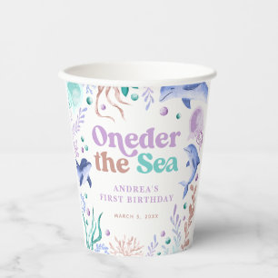 Modern Oneder the Sea Dolphin Retro First Birthday Paper Cups