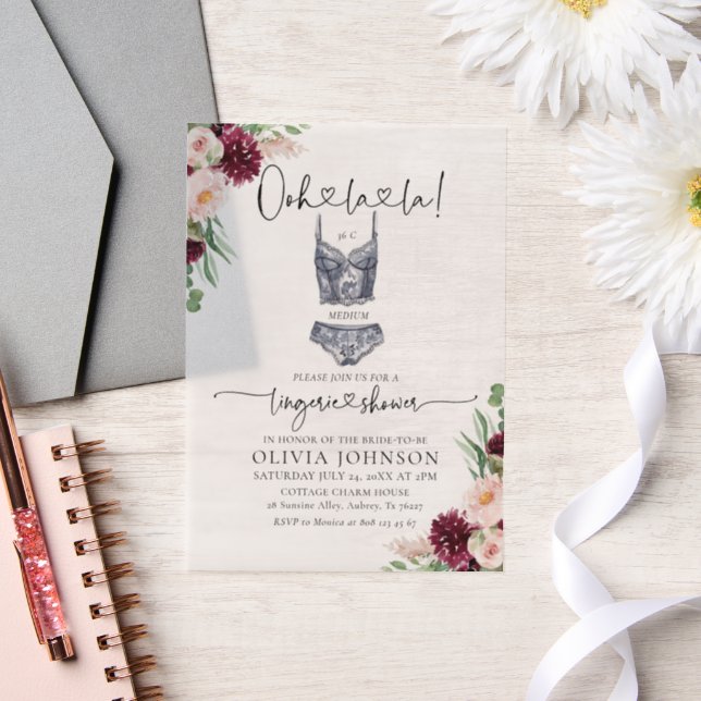 Modern Ooh la la Bra Lingerie Bridal Shower Vellum Invitations (Wedding)