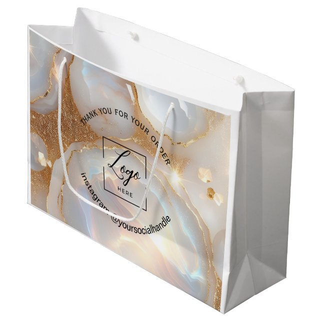 Modern opal custom logo name white thank you large gift bag (Front Angled)