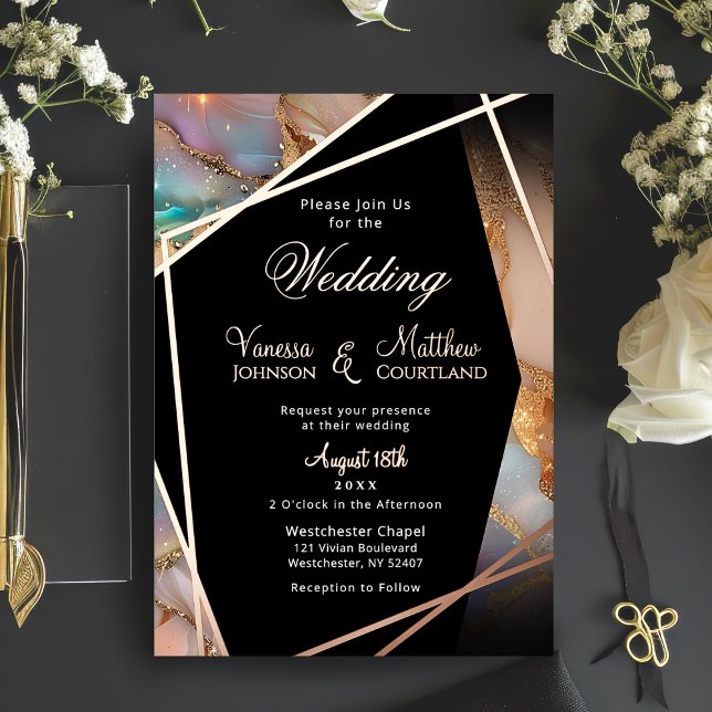 Modern Opal Glitter Geometric Frame Wedding (Modern Opal Glitter Geometric Frame Wedding Foil Invitation)