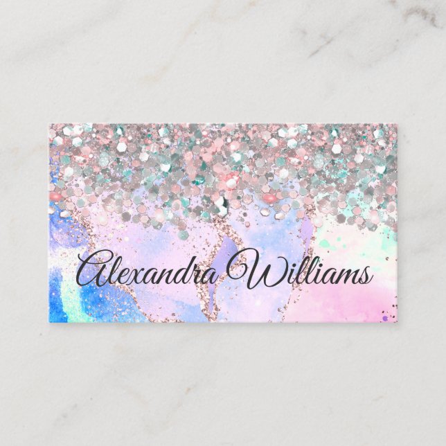 Modern Opal Gold Agate Holographic Glitter Business Card (Front)