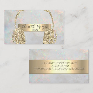 Modern Opal Holographic Gold Glitter Headphone DJ  Business Card