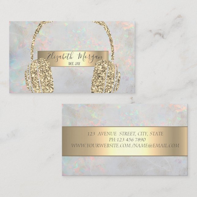 Modern Opal Holographic Gold Glitter Headphone DJ  Business Card (Front/Back)