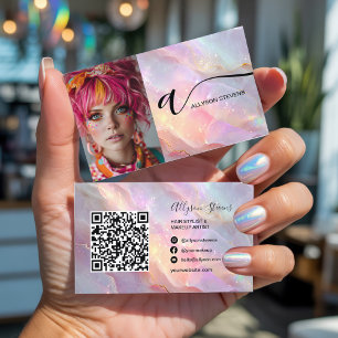 Modern Opal Rainbow Glitter Photo QR Code Makeup Business Card