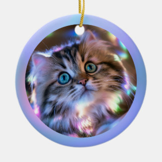 Modern Opaque Iridescent Ombre Kitten Photo Ceramic Tree Decoration