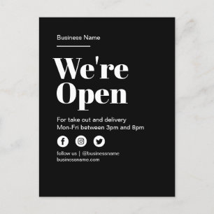 Modern Open For Business Take Out Delivery Black Announcement Postcard