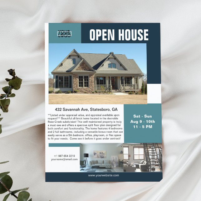 Modern Open House 3 Photo Teal Customisable Flyer (Creator Uploaded)