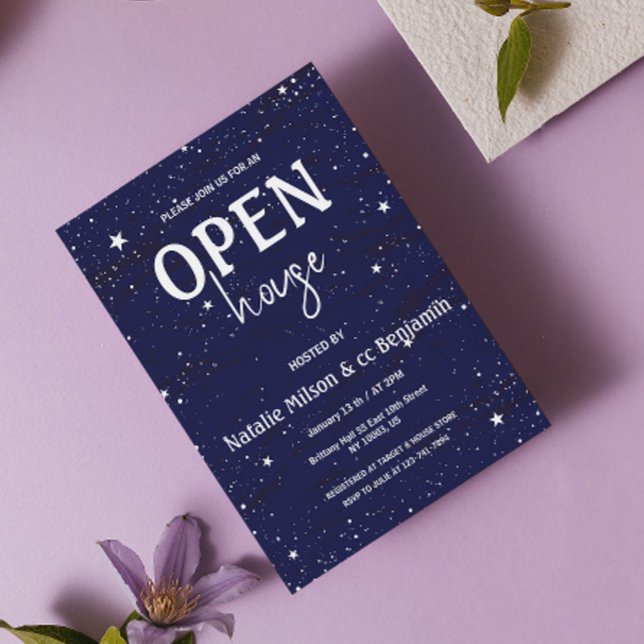 Modern Open House Navy Blue Stars Housewarming  Invitation (Modern Open House Navy Blue Stars Housewarming Invitation chic elegant sky stars holiday blue white )