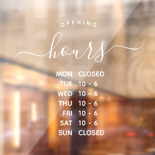 Modern Opening Hours Elegant Script Small Business Window Cling
