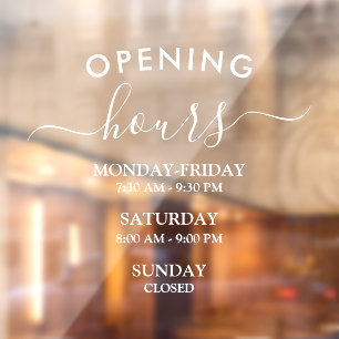Modern Opening Hours Elegant Script Small Business Window Cling