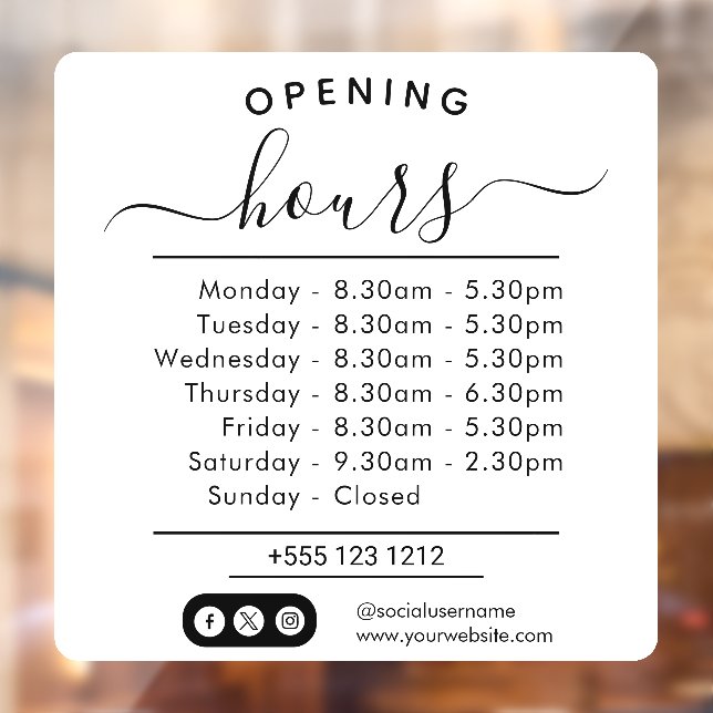 Modern Opening Hours Elegant Script Small Business Window Cling (Sheet 2)