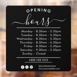 Modern Opening Hours Elegant Script Small Business Window Cling